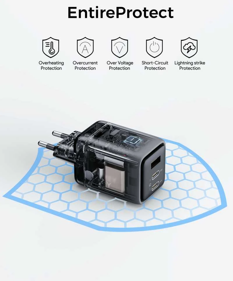 Sieninis įkroviklis 67W 2xUSB-C, 1xUSB, PD GaN by Aukey Dark Pilkas