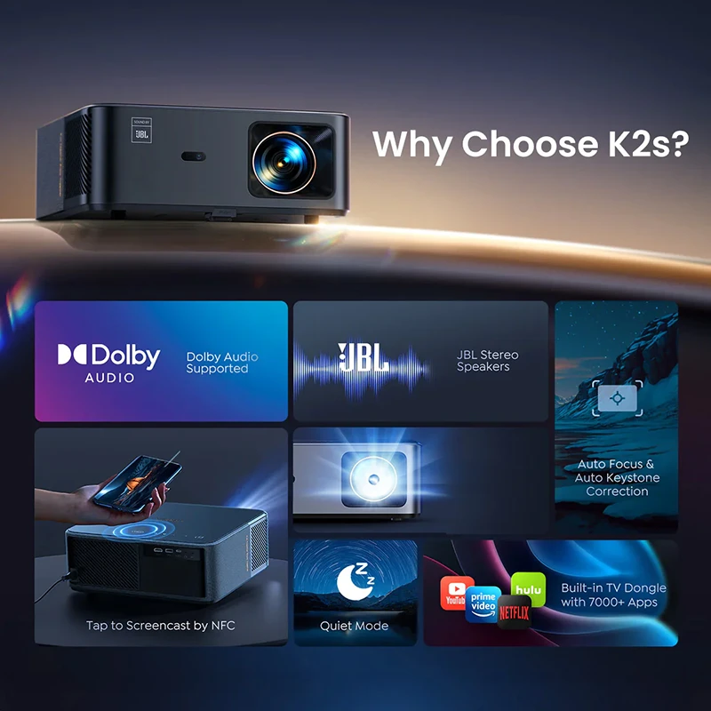 Yaber K2s LCD FullHD 1080p Multimedia Projektorius su JBL kolonėlėmis – juodos spalvos