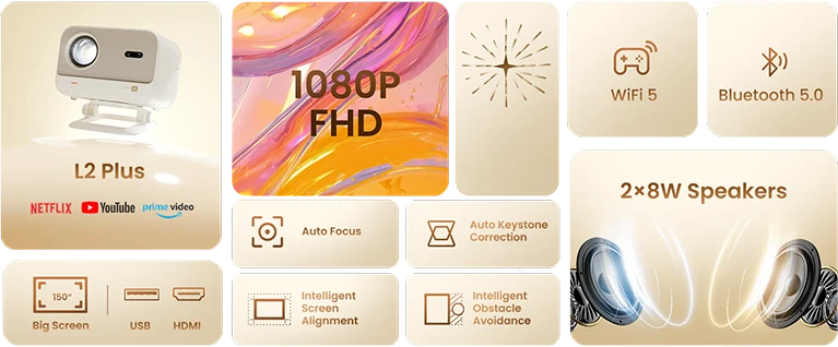 Yaber L2 Plus LCD FullHD 1080p Multimedia Projektorius su JBL kolonėlėmis – gelsvas
