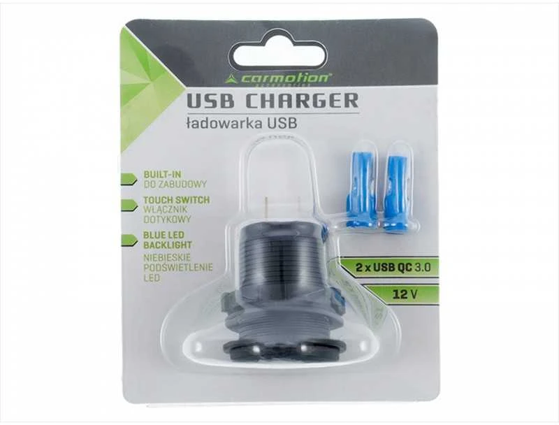 Carmotion Lizdas įkrovimui įmontuojamas 2x USB QC 3.0 su jutiminiu jungikliu ir apšvietimu
