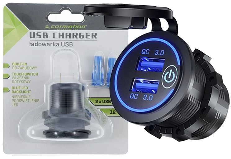 Carmotion Lizdas įkrovimui įmontuojamas 2x USB QC 3.0 su jutiminiu jungikliu ir apšvietimu