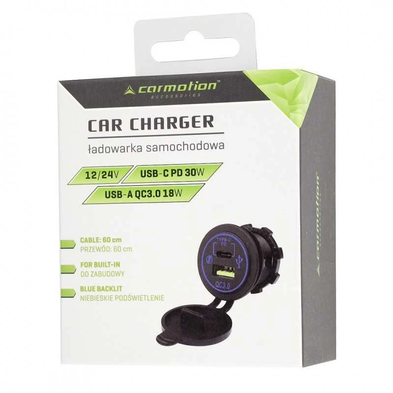 Carmotion Lizdas įkrovimui įmontuojamas USB QC 3.0 18W+USB-C PD30W 12/24V