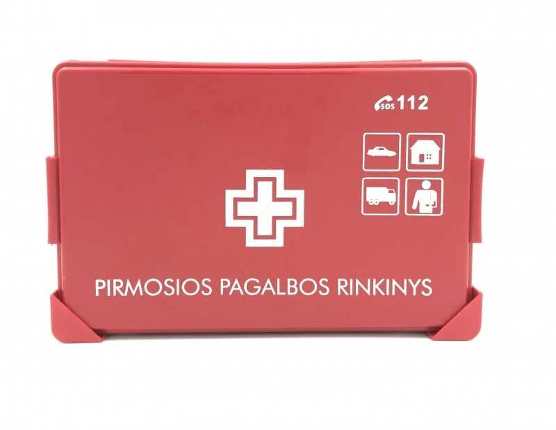 Pirmosios pagalbos rinkinys įmonei plastikiniame dėkle su laikikliu Raudonos spalvos
