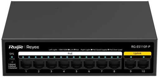 Šakotuvas Ruijie RG-ES110D-P 8-port 10/100Mbps 6kV 5.6Gbps 8 PoE+ Slēdzis Melns