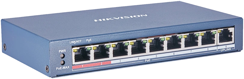 Šakotuvas Hikvision | 8 prievadų Gigabit jungiklis | DS-3E0109P-E(C) | Nevaldomas | Darbalaukis | PoE/Poe+ jungtys kiekis 8