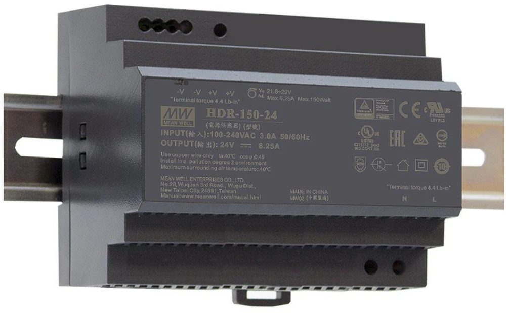 Mean Well Maitinimo blokas ant DIN bėgelio HDR-150-48N (3.2A/48V, 105x90x54.5)