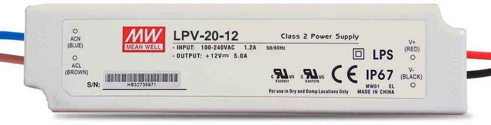 Impulsinis maitinimo šaltinis LED 12V 20W 1.67A IP67, Mean well, LPV-20-12