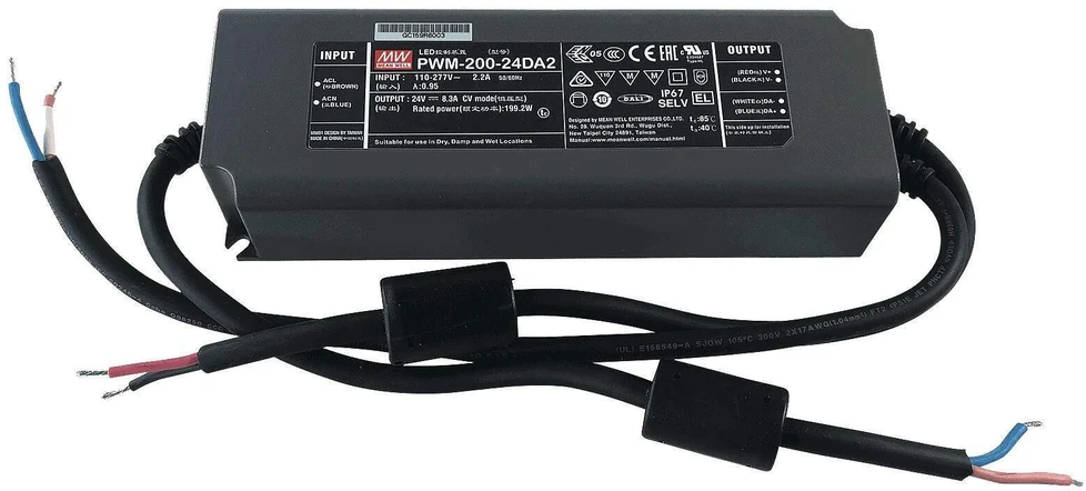 Impulsinis maitinimo šaltinis LED 24V 200W 8.3A, PFC, IP67, PUSH, PWM, DALI-2, MEAN WELL, PWM-200-24DA2