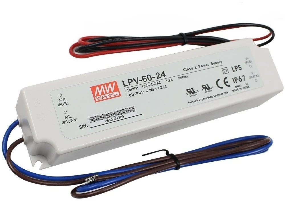 Impulsinis maitinimo šaltinis LED 24V 60W 2.5A, IP67, MEAN WELL LPV-60-24