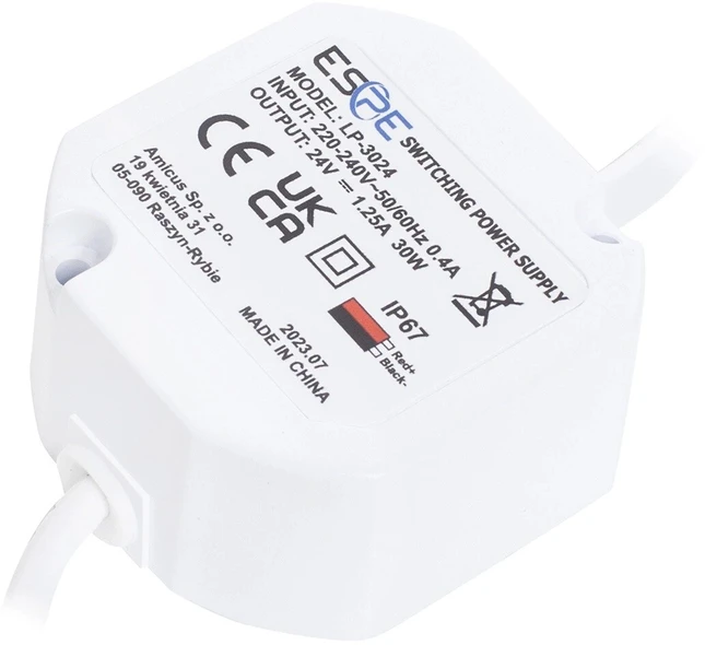 Impulsinis maitinimo šaltinis ESPE LP-3024 (30W, 1.25A/24V, hermetinis IP67, 50x47x25)