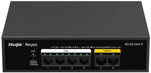 Šakotuvas Ruijie Networks 6 prievadų komutatorius Ruijie Reyee RG-ES106F-P (Nevaldomas, 4 x PoE+)