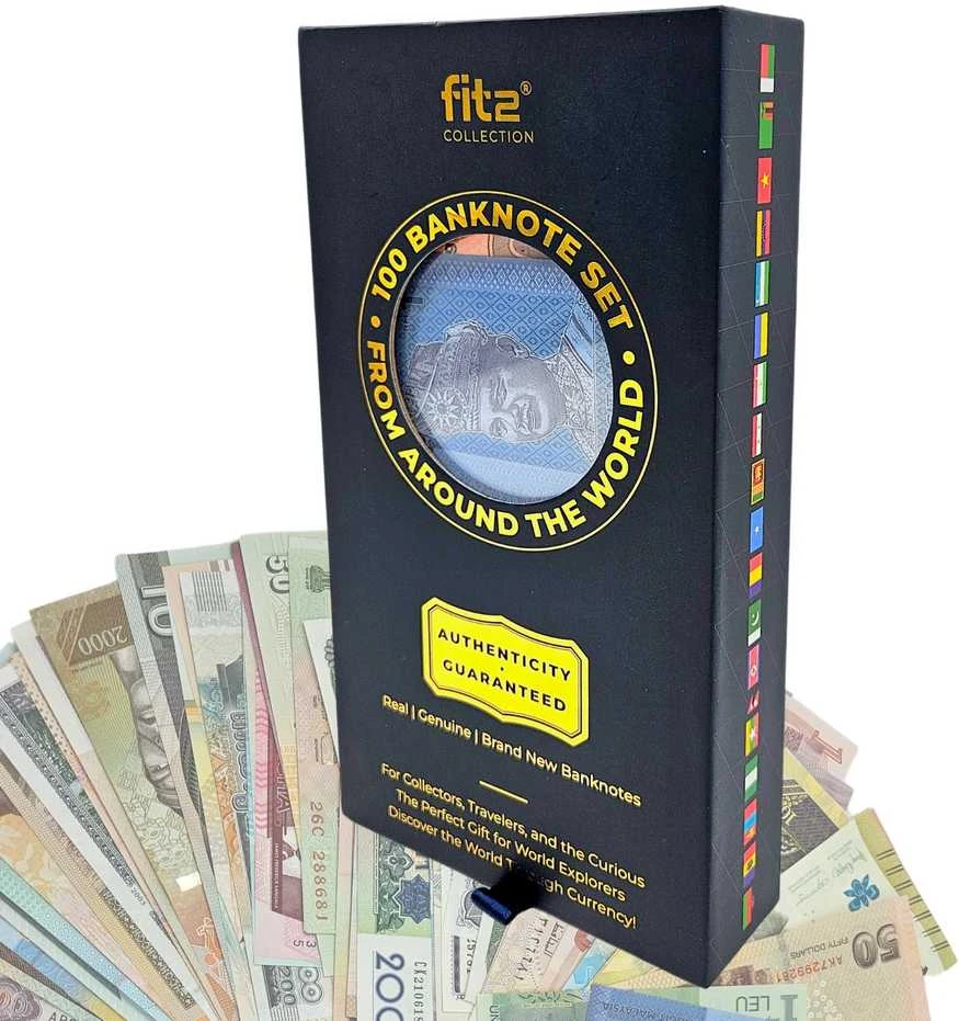 FIT2 100 pasaulio banknotų kolekcijos rinkinys, autentiški UNC, dovanų dėžutė
