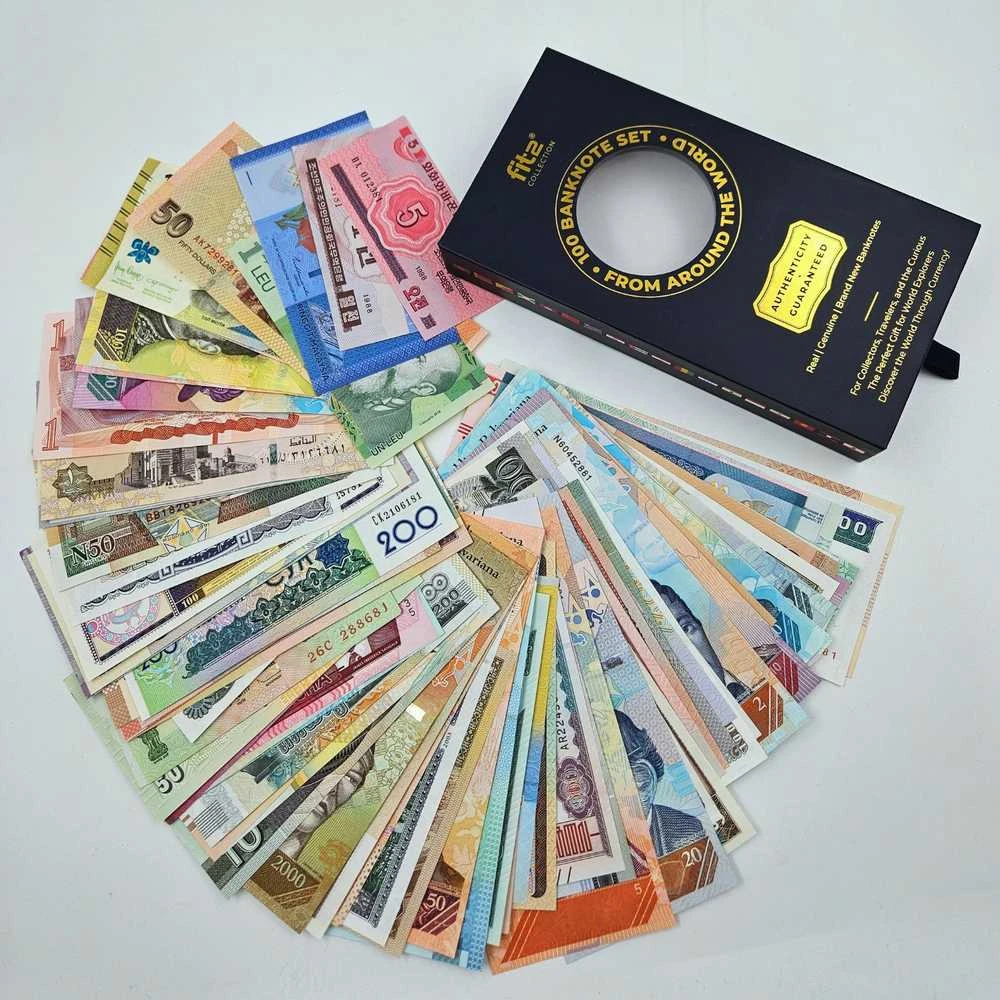 FIT2 100 pasaulio banknotų kolekcijos rinkinys, autentiški UNC, dovanų dėžutė