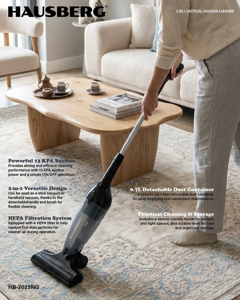 2-in-1 vertikalus dulkių siurblys Hausberg HB-2025NG