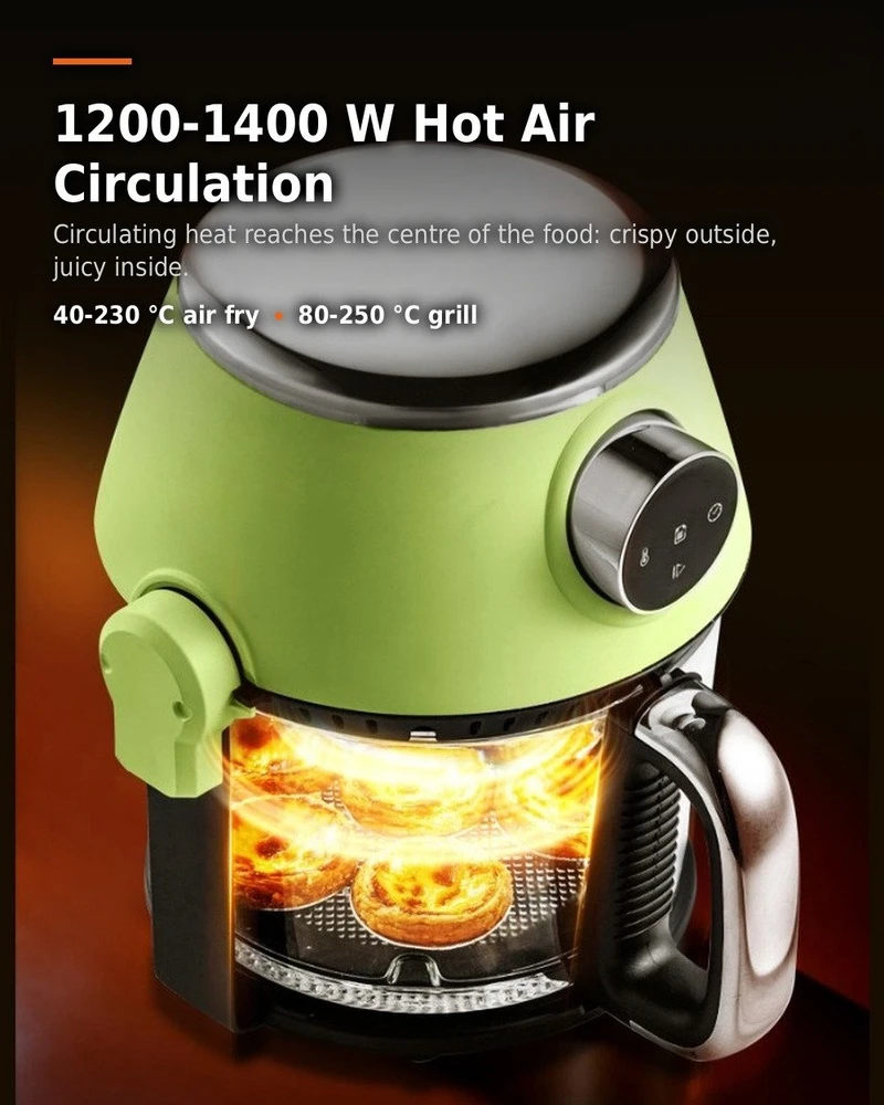 4 in 1 karšto oro gruzdintuvė su stikline taure, griliu ir puodu, 4 l FIT2, 1200 W, 16 programų