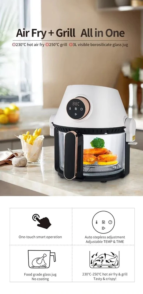 4 in 1 karšto oro gruzdintuvė su stikline taure, griliu ir puodu, 4 l FIT2, 1200 W, 16 programų