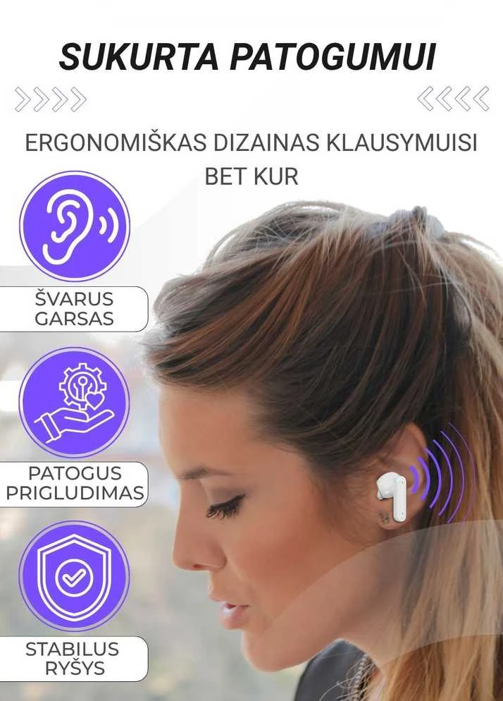 Belaidės TWS ausinės FIT2 FITH895 Bluetooth 5.4 su įkrovimo dėklu, balta