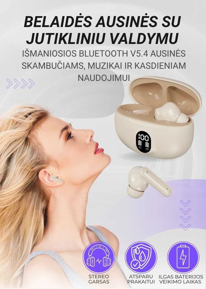 Belaidės TWS ausinės FIT2 FITH895 Bluetooth 5.4 su įkrovimo dėklu, balta