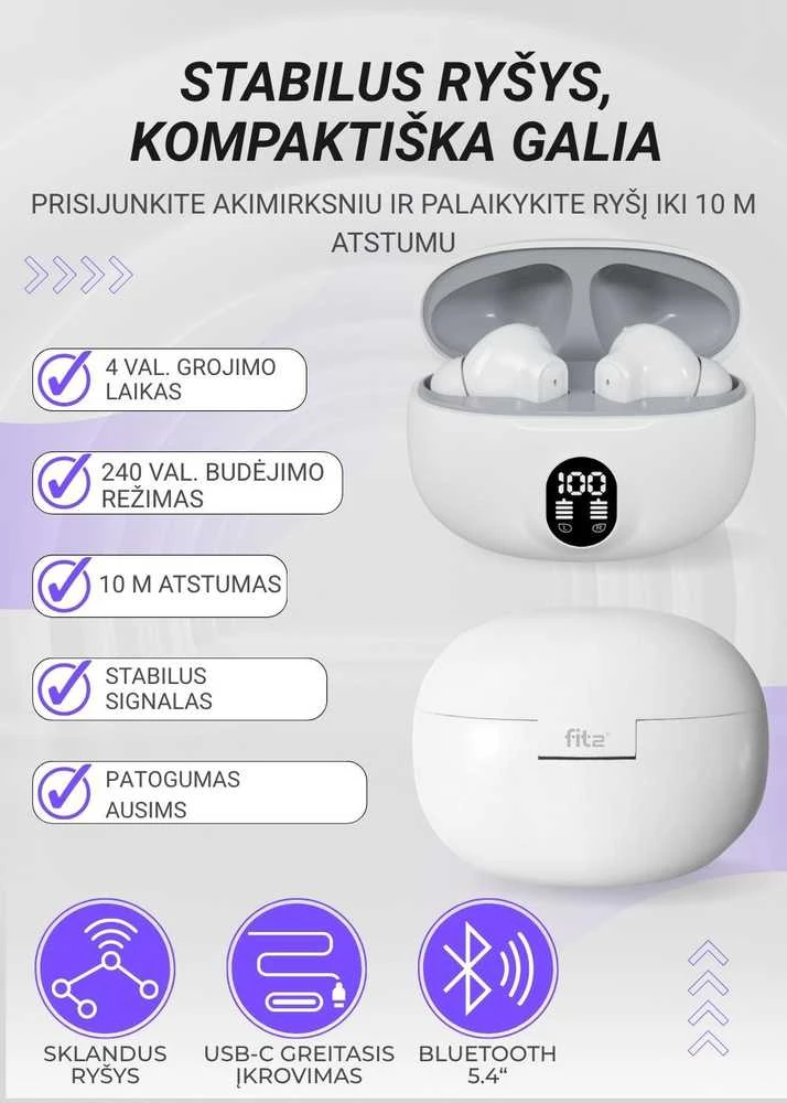 Belaidės TWS ausinės FIT2 FITH895 Bluetooth 5.4 su įkrovimo dėklu, smėlinė