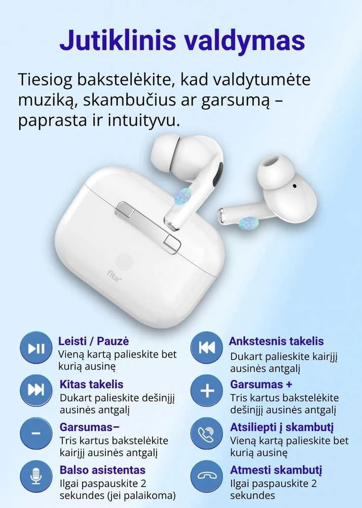 Belaidės TWS ausinės FIT2 FITY07 Bluetooth 5.4 su 13mm garsiakalbiu, balta
