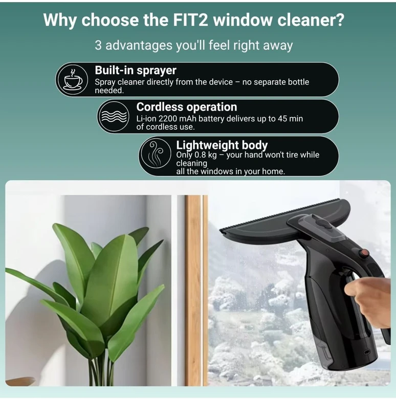 Belaidis langų valytuvas FIT2 SmartHome 3-viename 200 ml 28 cm su USB-C