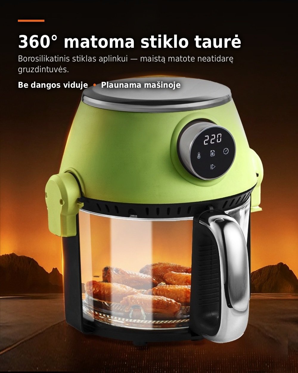 4 in 1 karšto oro gruzdintuvė su stikline taure, griliu ir puodu, 4 l FIT2, 1200 W, 16 programų aprašymas - Prekės nuotrauka