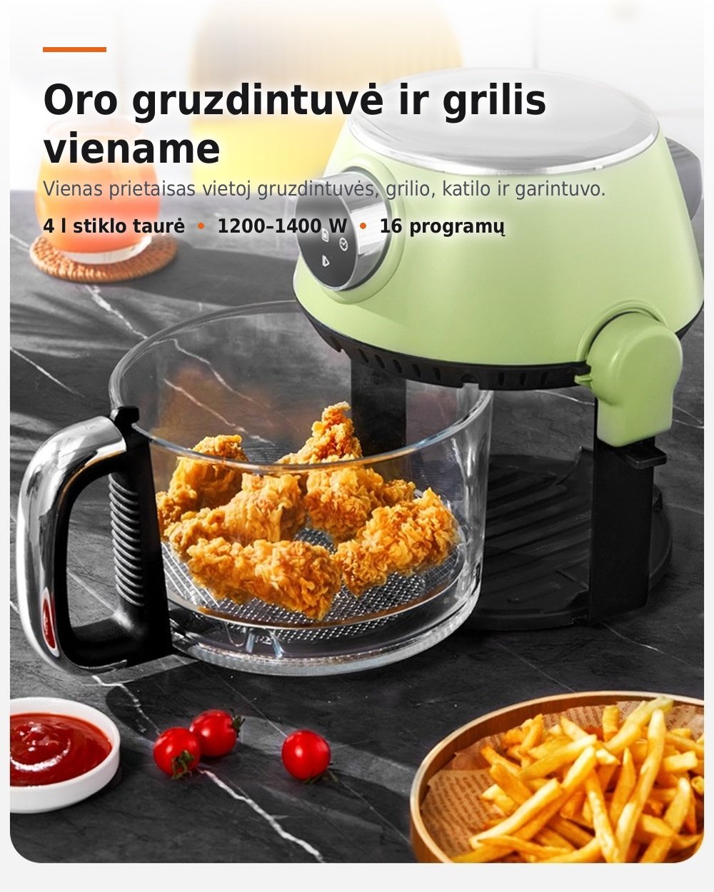 4 in 1 karšto oro gruzdintuvė su stikline taure, griliu ir puodu, 4 l FIT2, 1200 W, 16 programų aprašymas - Prekės nuotrauka