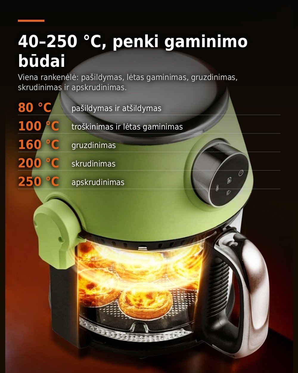 4 in 1 karšto oro gruzdintuvė su stikline taure, griliu ir puodu, 4 l FIT2, 1200 W, 16 programų aprašymas - Prekės nuotrauka