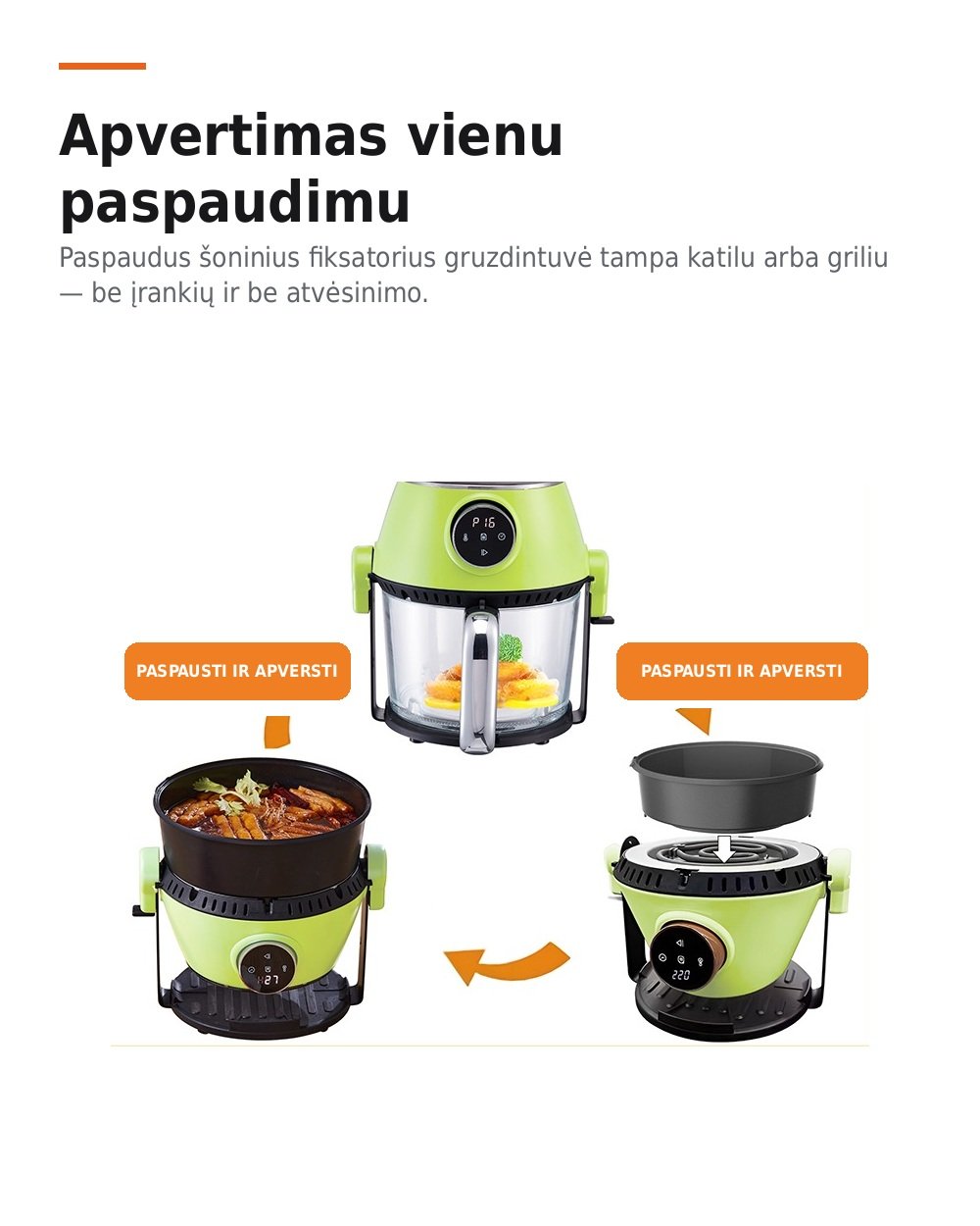 4 in 1 karšto oro gruzdintuvė su stikline taure, griliu ir puodu, 4 l FIT2, 1200 W, 16 programų aprašymas - Prekės nuotrauka