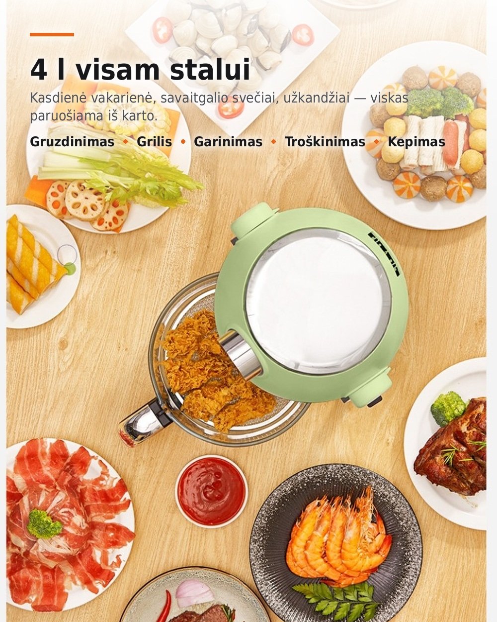 4 in 1 karšto oro gruzdintuvė su stikline taure, griliu ir puodu, 4 l FIT2, 1200 W, 16 programų aprašymas - Prekės nuotrauka