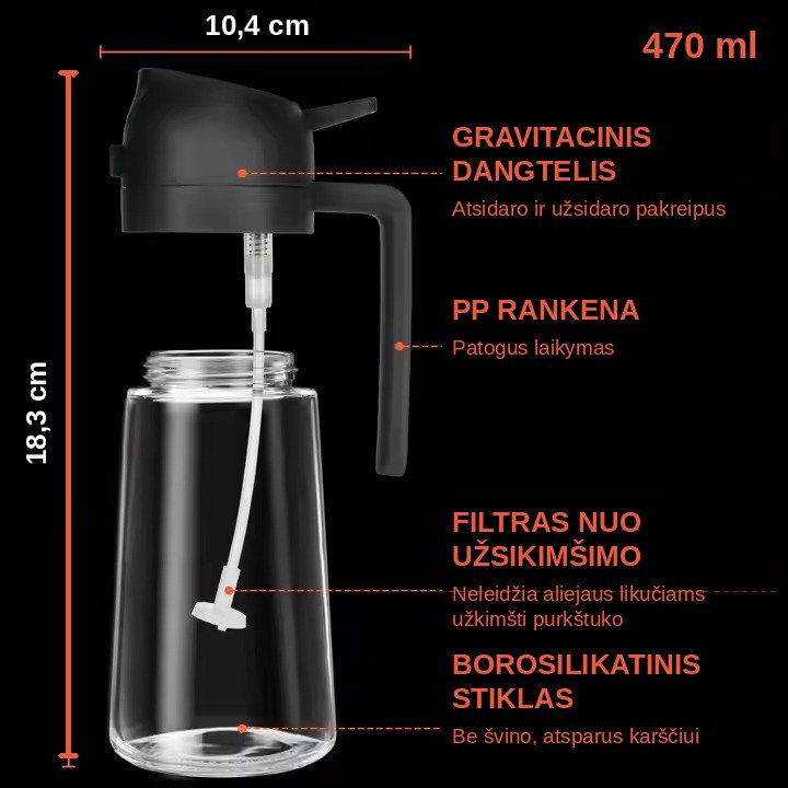 Aliejaus purkštuvas ir pilstytuvas FIT2 2-in-1, stiklinis, 470 ml aprašymas - Prekės nuotrauka