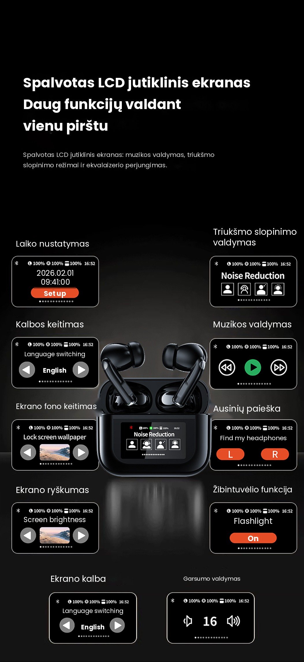 Belaidės ausinės FIT2 YW07 su jutikliniu LCD ekranu, juodos aprašymas - Prekės nuotrauka