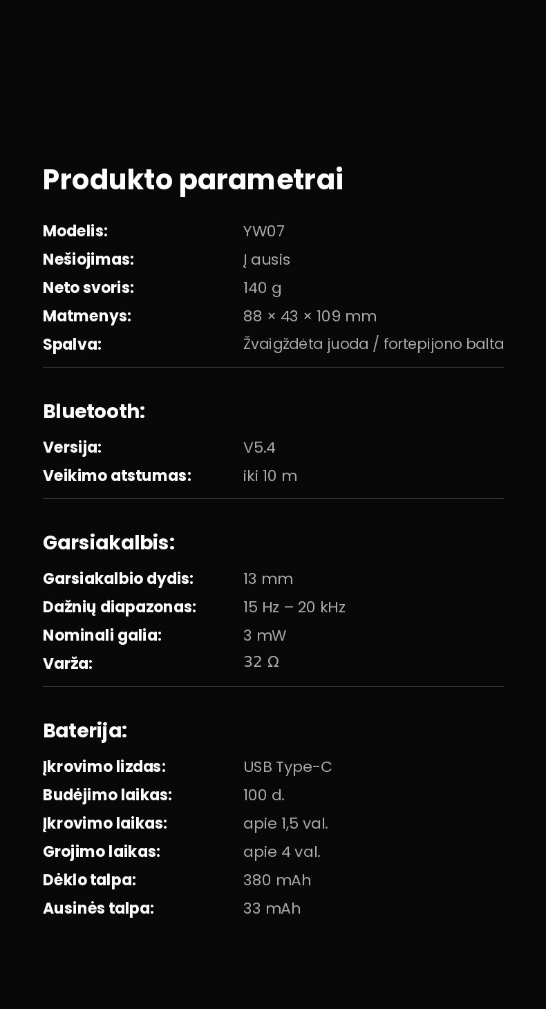 Belaidės ausinės FIT2 YW07 su jutikliniu LCD ekranu, juodos aprašymas - Prekės nuotrauka