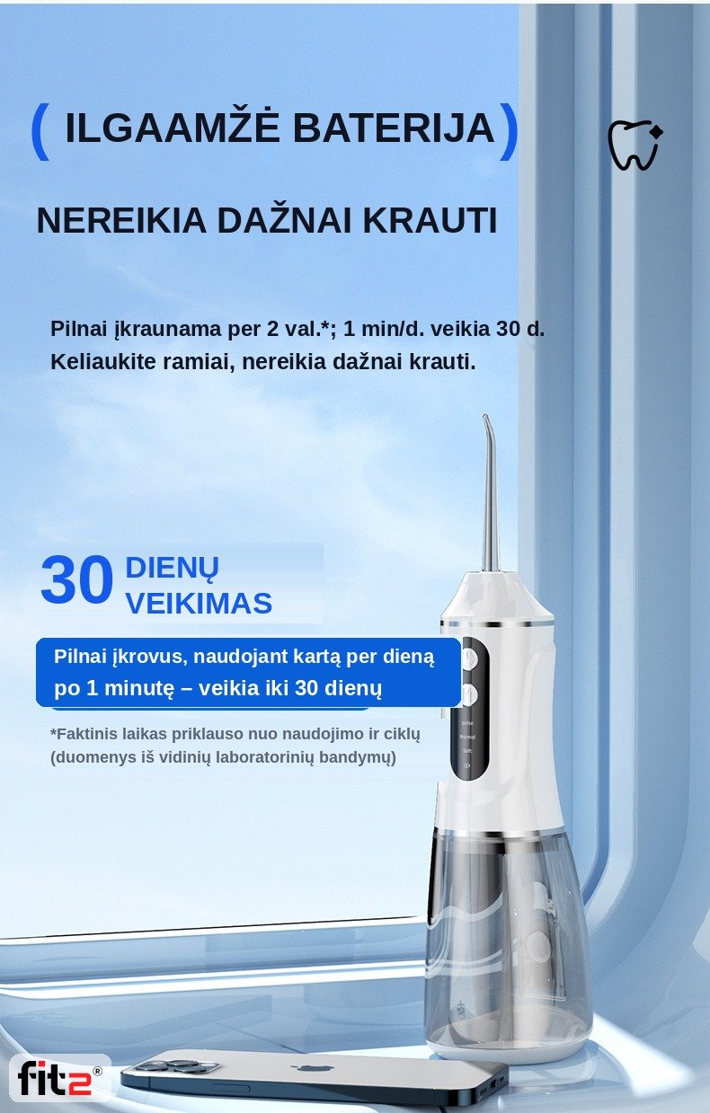 Dantų šepetėlis Belaidis burnos irigatorius FIT2 A18, baltas aprašymas - Prekės nuotrauka