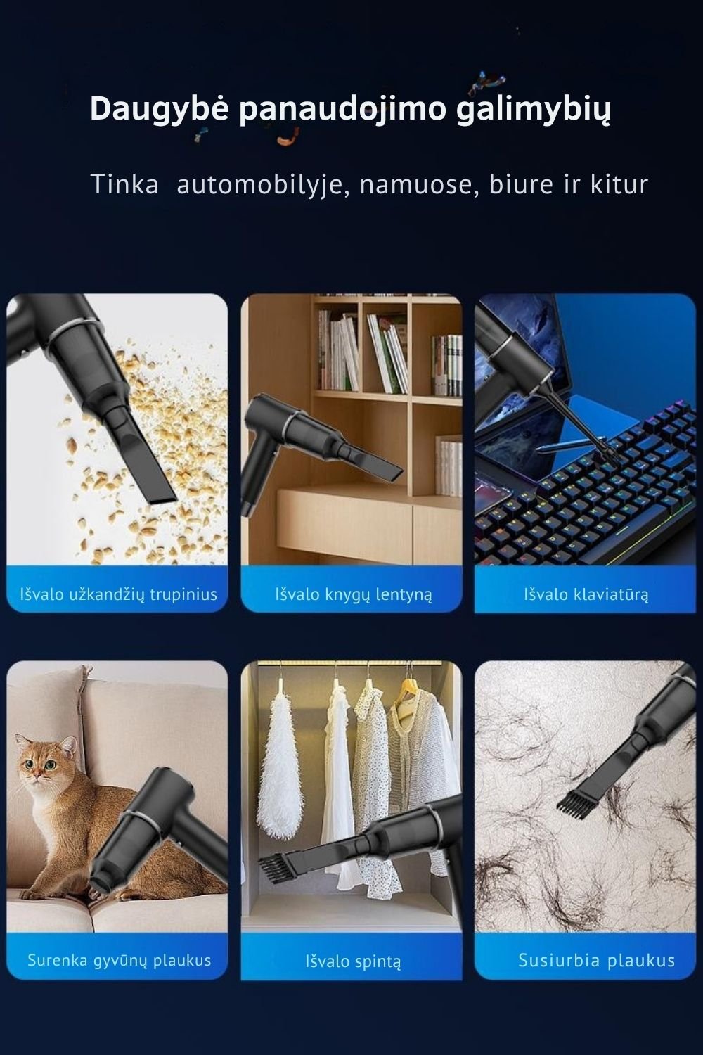 Belaidis rankinis dulkių siurblys ir oro pūstuvas FIT2 LC-623 2-in-1, 5000 Pa, 60 W, USB Type-C, 4 antgaliai aprašymas - Prekės nuotrauka