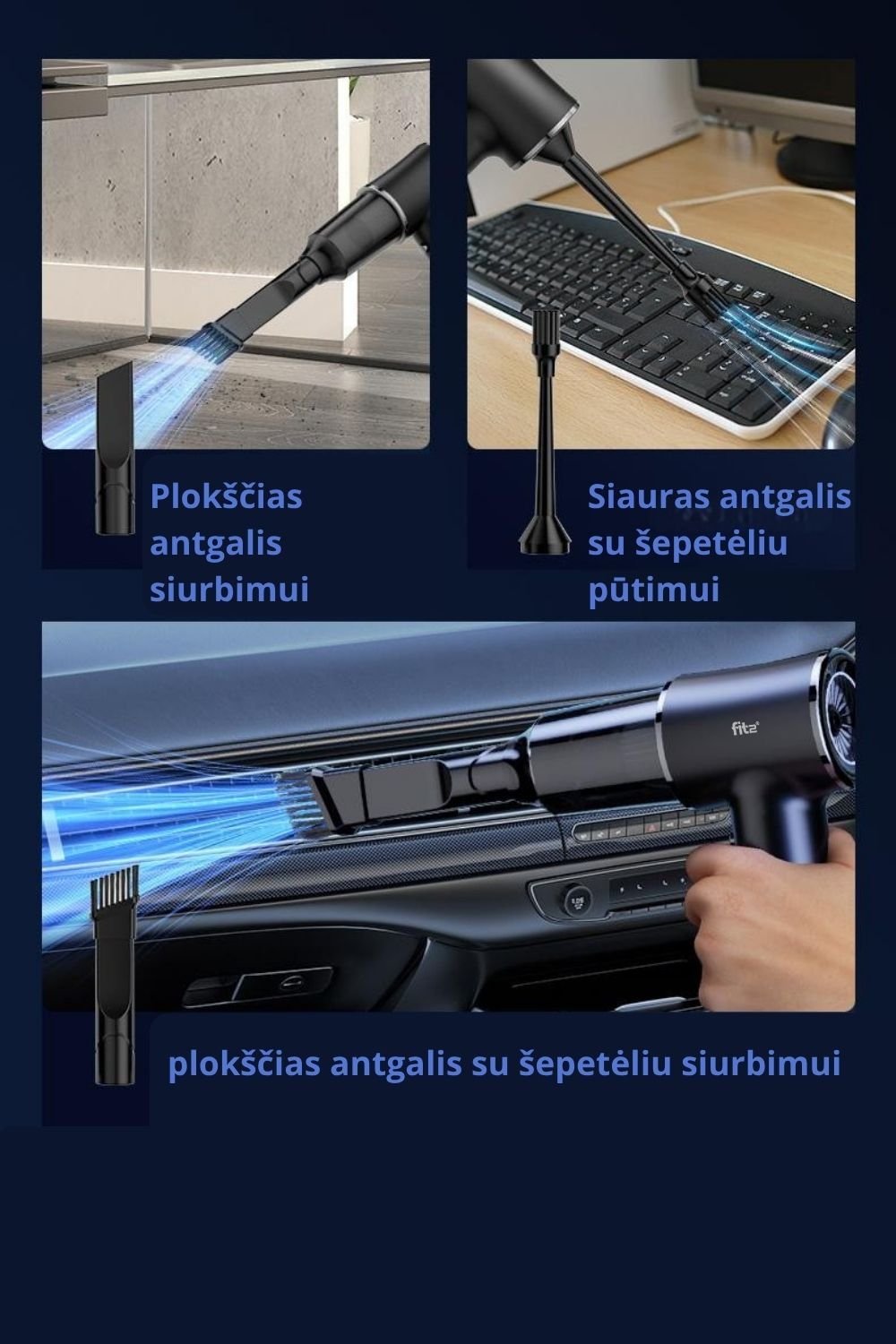 Belaidis rankinis dulkių siurblys ir oro pūstuvas FIT2 LC-623 2-in-1, 5000 Pa, 60 W, USB Type-C, 4 antgaliai aprašymas - Prekės nuotrauka