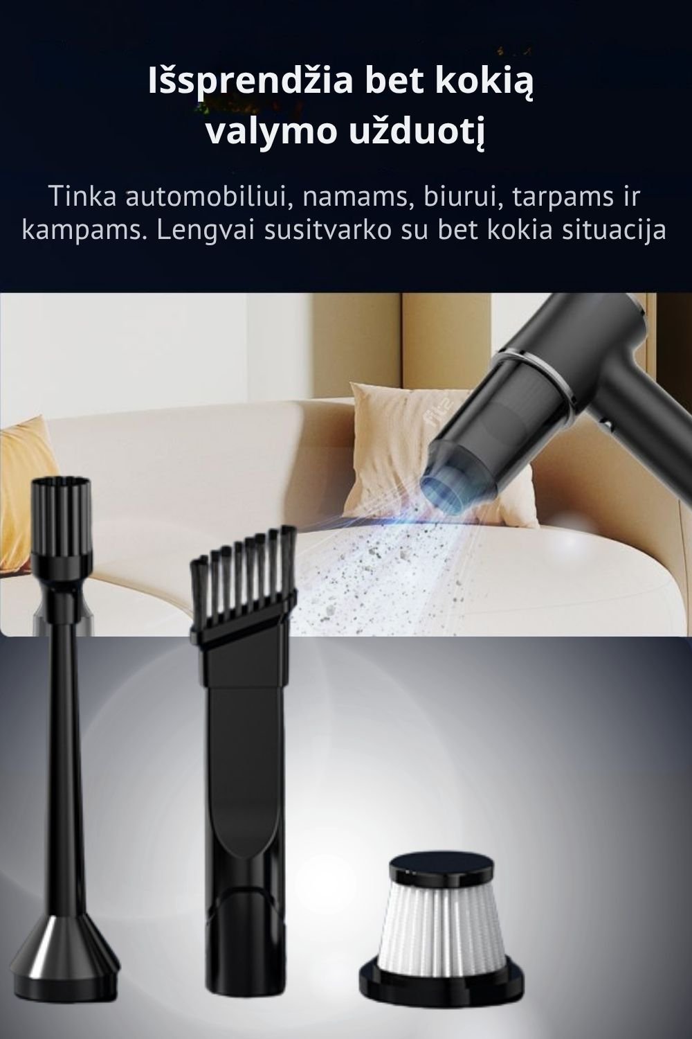 Belaidis rankinis dulkių siurblys ir oro pūstuvas FIT2 LC-623 2-in-1, 5000 Pa, 60 W, USB Type-C, 4 antgaliai aprašymas - Prekės nuotrauka