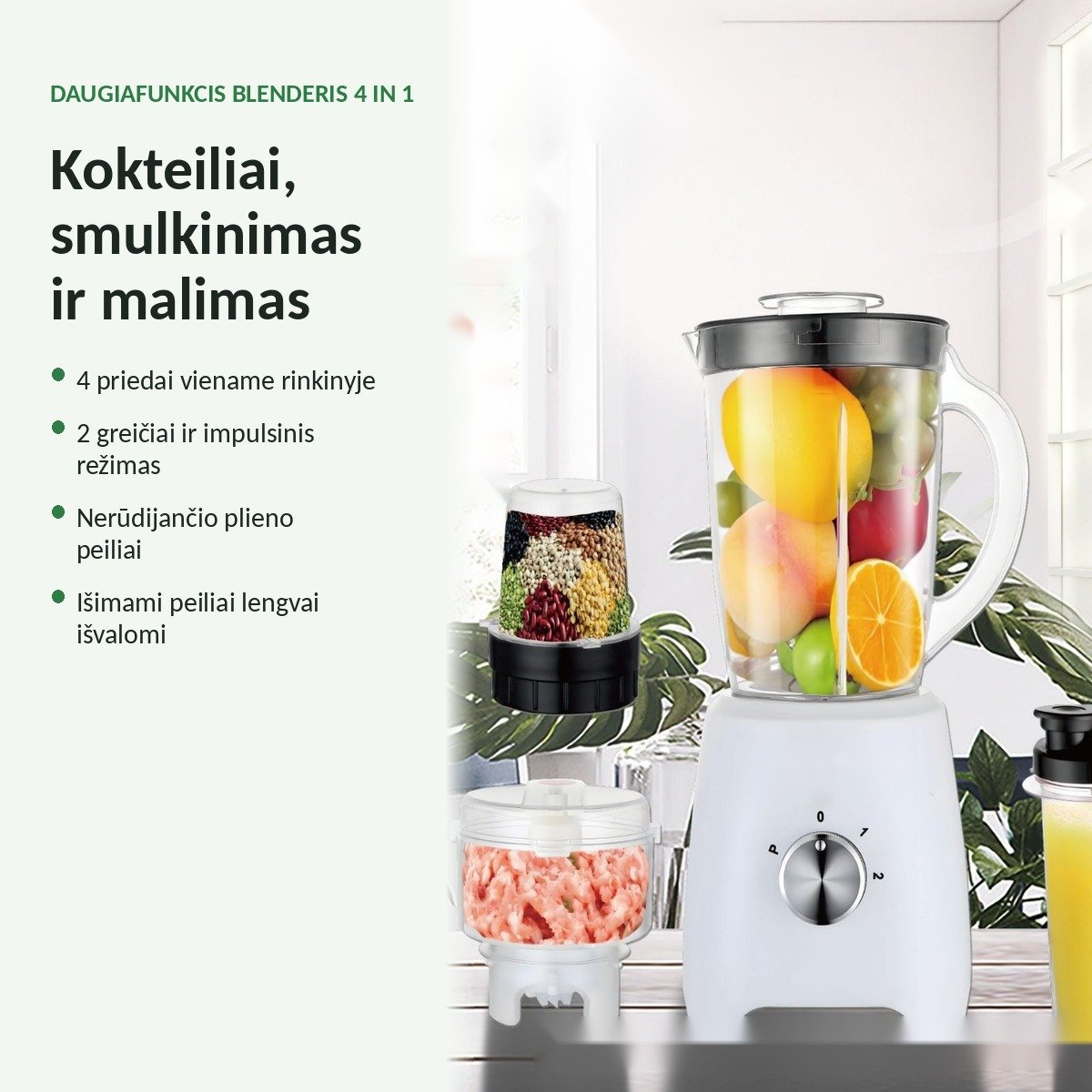 Daugiafunkcis blenderis 4 in 1, 1500 W, 1,6 l ąsotis, smulkintuvas, malūnėlis ir gertuvė, baltas aprašymas - Prekės nuotrauka