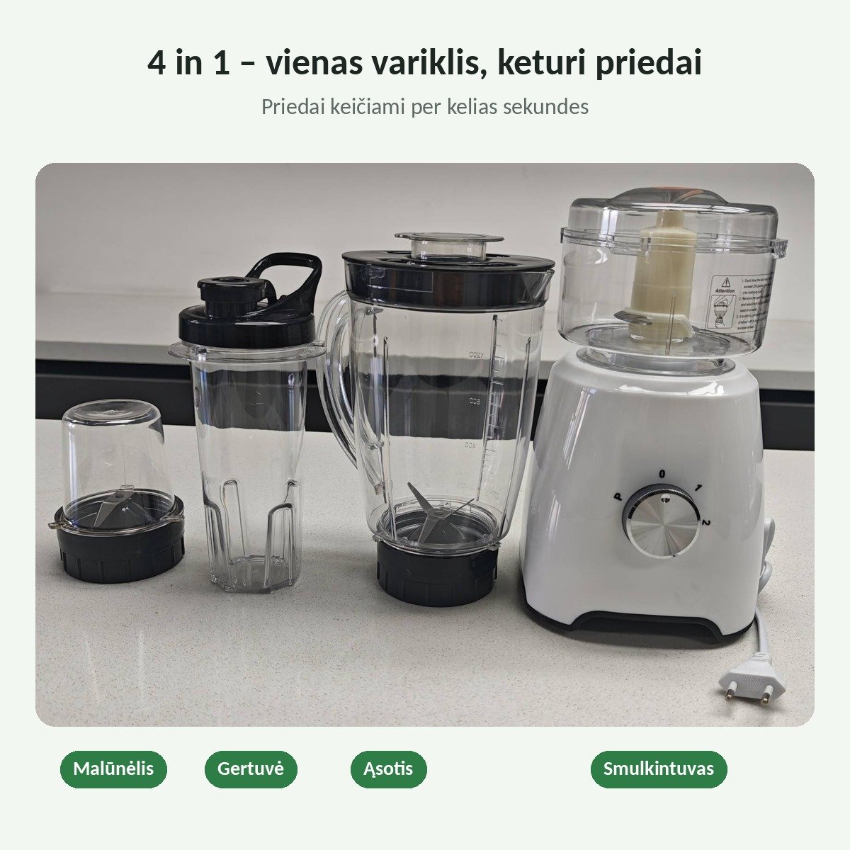 Daugiafunkcis blenderis 4 in 1, 1500 W, 1,6 l ąsotis, smulkintuvas, malūnėlis ir gertuvė, baltas aprašymas - Prekės nuotrauka
