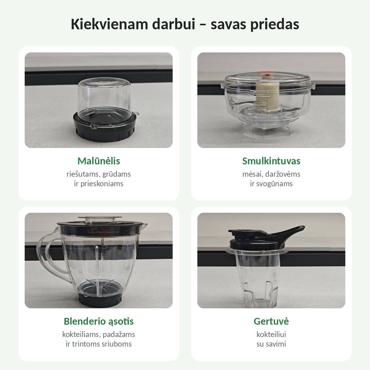 Daugiafunkcis blenderis 4 in 1, 1500 W, 1,6 l ąsotis, smulkintuvas, malūnėlis ir gertuvė, baltas aprašymas - Prekės nuotrauka