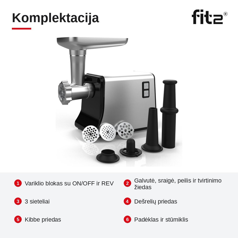 Virtuvinis kombainas Elektrinė mėsmalė FIT2 MG-M1 2800 W su 3 sieteliais, dešrelių ir kibbe priedais aprašymas - Prekės nuotrauka