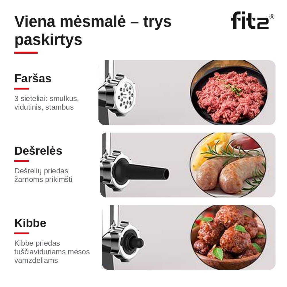 Virtuvinis kombainas Elektrinė mėsmalė FIT2 MG-M1 2800 W su 3 sieteliais, dešrelių ir kibbe priedais aprašymas - Prekės nuotrauka