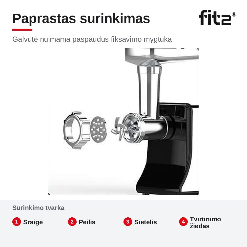 Virtuvinis kombainas Elektrinė mėsmalė FIT2 MG-M1 2800 W su 3 sieteliais, dešrelių ir kibbe priedais aprašymas - Prekės nuotrauka