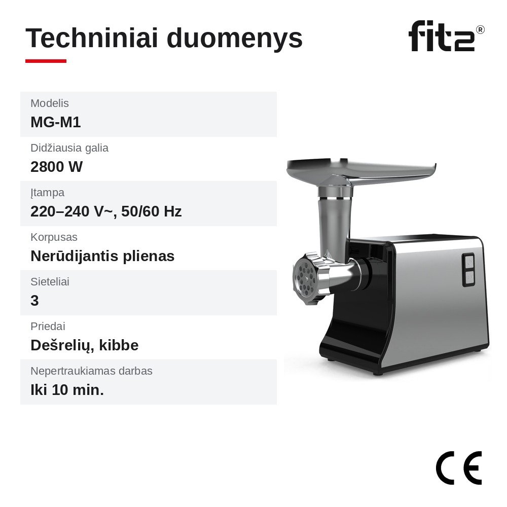 Virtuvinis kombainas Elektrinė mėsmalė FIT2 MG-M1 2800 W su 3 sieteliais, dešrelių ir kibbe priedais aprašymas - Prekės nuotrauka