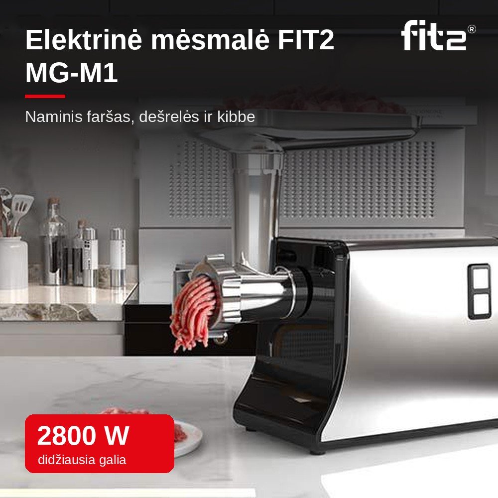 Virtuvinis kombainas Elektrinė mėsmalė FIT2 MG-M1 2800 W su 3 sieteliais, dešrelių ir kibbe priedais aprašymas - Prekės nuotrauka