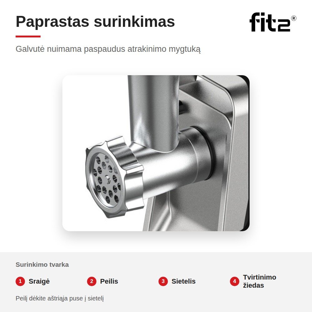 Virtuvinis kombainas Elektrinė mėsmalė FIT2 MG-S10 2800 W su atbuline eiga, 3 sieteliais, dešrelių ir kibbe priedais aprašymas - Prekės nuotrauka