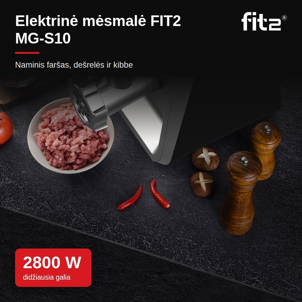 Virtuvinis kombainas Elektrinė mėsmalė FIT2 MG-S10 2800 W su atbuline eiga, 3 sieteliais, dešrelių ir kibbe priedais aprašymas - Prekės nuotrauka