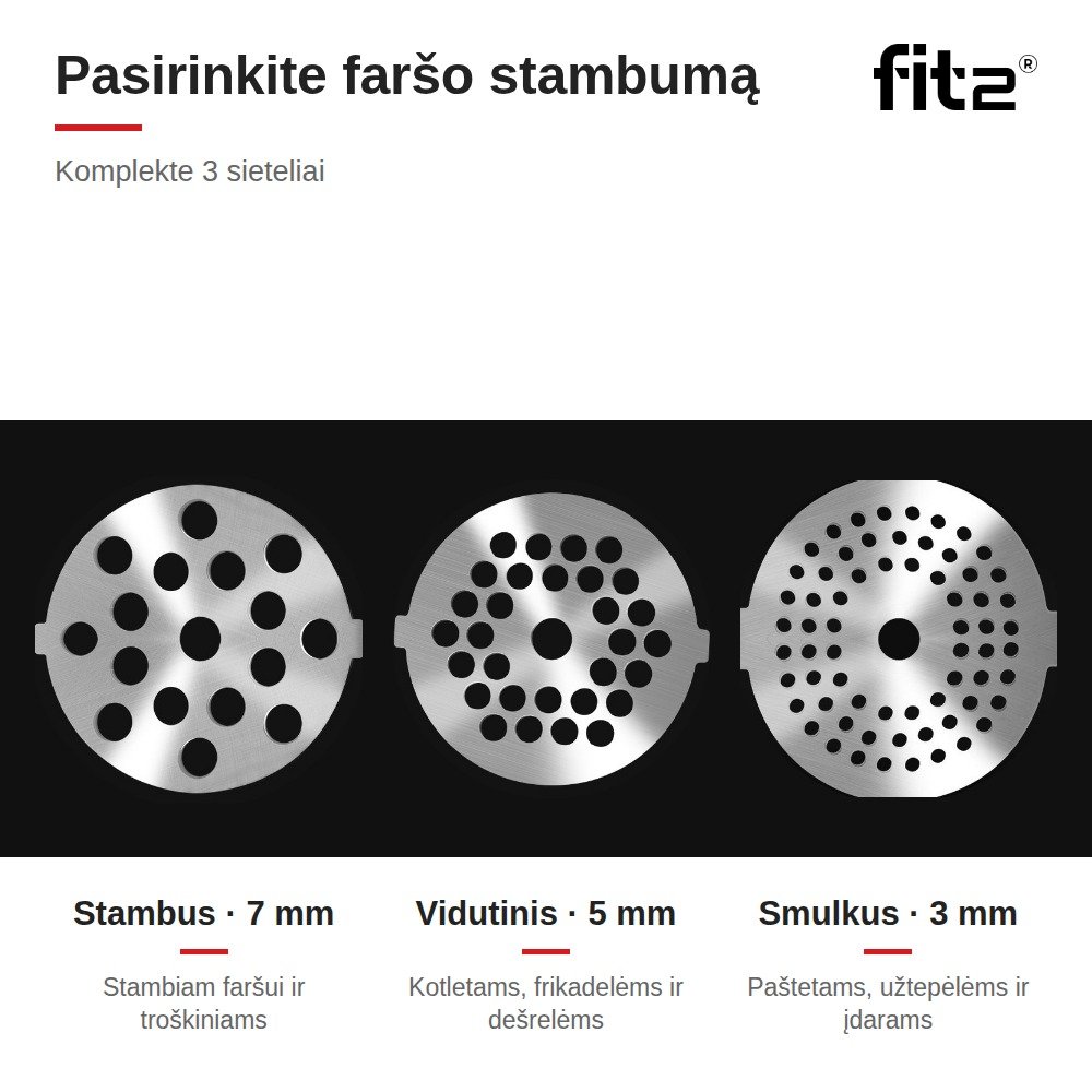 Virtuvinis kombainas Elektrinė mėsmalė FIT2 MG-S10 2800 W su atbuline eiga, 3 sieteliais, dešrelių ir kibbe priedais aprašymas - Prekės nuotrauka