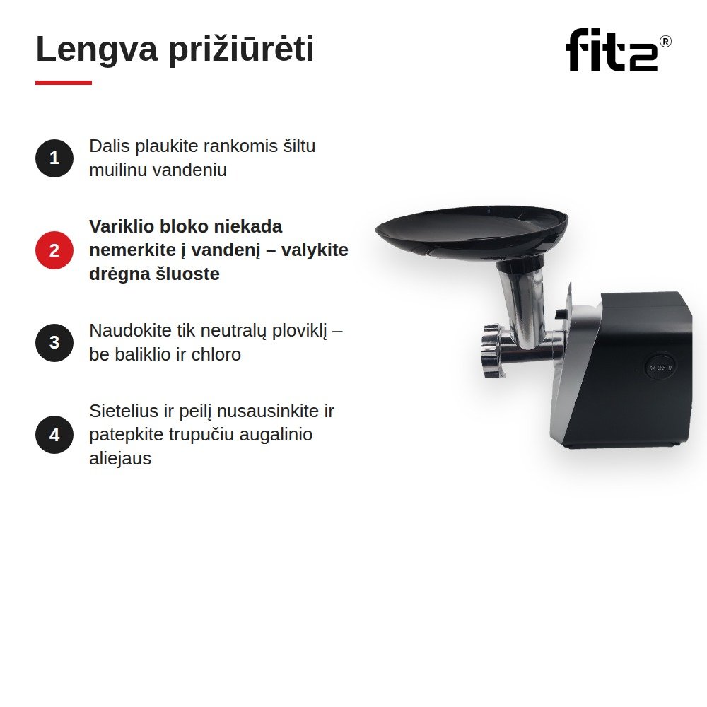Virtuvinis kombainas Elektrinė mėsmalė FIT2 MG-S10 2800 W su atbuline eiga, 3 sieteliais, dešrelių ir kibbe priedais aprašymas - Prekės nuotrauka