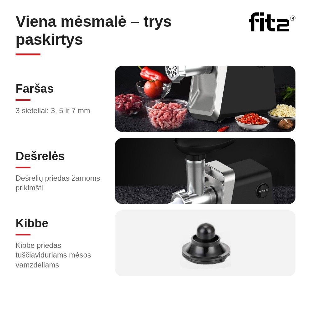 Virtuvinis kombainas Elektrinė mėsmalė FIT2 MG-S10 2800 W su atbuline eiga, 3 sieteliais, dešrelių ir kibbe priedais aprašymas - Prekės nuotrauka
